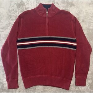 Eddie Bauer Sweater Mens M Preppy 1/4 Zip Business Casual Stripe Mock Neck Red‎